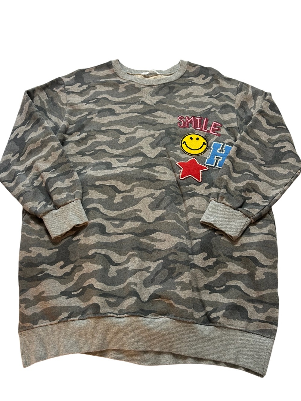 Newing Camo Graphic Crewneck Sweatshirt with Patches Womens Sz L